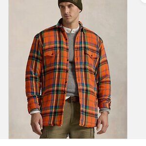 POLO RALPH LAUREN Men Sherpa Lined Orange Plaid Flannel Overshirt Jacket size S